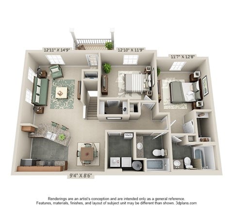Floor plan for 2 beds, 2 baths, 1146 sqft